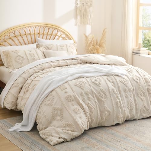 Bedsure Boho Duvet Cover King - Beige Tufted Boho Bedding, Farmhouse Shabby Chic Embroidery Bedding for All Seasons, 3 Pieces, 1 Soft Jacquard King Comforter Cover and 2 Pillow Shams Bedsure