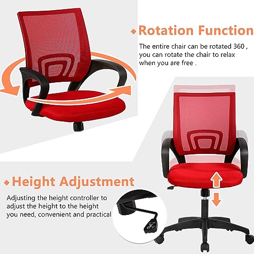 Home Office Chair Ergonomic Desk Chair Mesh Computer Chair with Lumbar Support Armrest Executive Rolling Swivel Adjustable Mid Back Task Chair for Women Adults, Red FDW