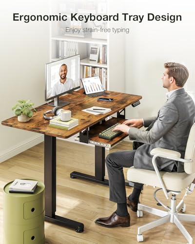 Casaottima Electric Standing Desk with Keyboard Tray, 40 Inch Height Adjustable Small Table, Sit Stand Table, Writing Computer Desk for Home, Office, Workstation, Rustic Brown Casaottima