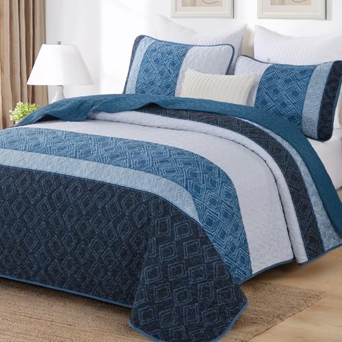 Cottolester Navy Blue Full Quilt Set,Striped Plaid Bedspread Coverlet Set,Khaki Boho Summer Bedding Set Soft Microfiber Bedding Set with 2 Pillow Shams 78"x90" Cottolester