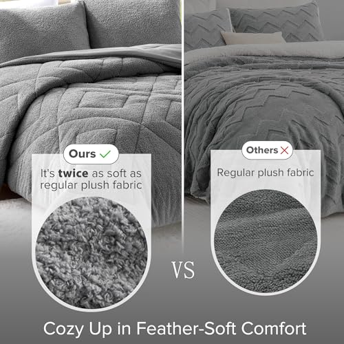 Comfort Spaces Queen Comforter Set Reversible Feather-Soft Plush Comforters for Queen Size Bed All Season Lightweight Shearling Fleece Sherpa Comforter Queen Size Bed Set, Full/Queen, Grey 3 Piece Comfort Spaces