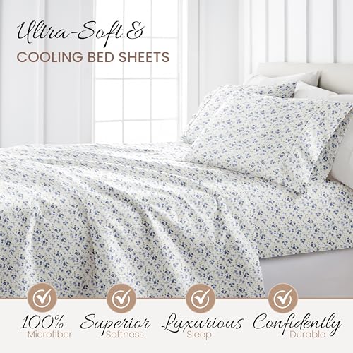 Linen Market 4 Piece Queen Sheet Set - Breathable, Double-Brushed Patterned Cooling Sheets – Oeko-TEX Certified Ultra Soft & Wrinkle-Free 16" Deep-Pocket Queen Sheets - Easy Care Blossoms Light Blue Linen Market
