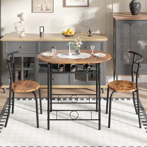 VECELO 3-Piece Dining Table Set for Kitchen Breakfast Nook, Wood Grain Oval Tabletop and Metal Frame with Built-in Wine Rack, for Small Spaces, Antique Brown & Black VECELO
