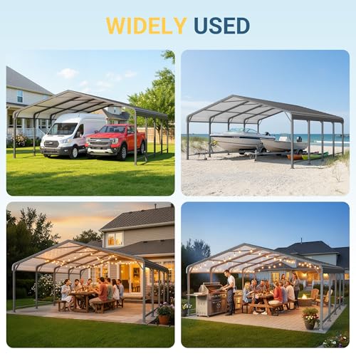 20x20 FT Metal Carport with Updated Roof & Enhanced Base, Heavy Duty Canopy Carport Garage, Vertaile for Car, Truck, Boat, Tractors, Party, Grey Wisteria Lane