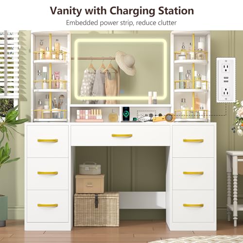 Vanity Desk with Mirror and Lights, White Makeup Vanity Table with 360° Roating Shelves, Large Vanity Desk with 7 Drawers, Power Outlet, Dressing Table Set with Lighted Mirror Adjustable, for Bedroom Aiguazi