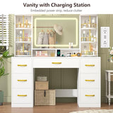 Vanity Desk with Mirror and Lights, White Makeup Vanity Table with 360° Roating Shelves, Large Vanity Desk with 7 Drawers, Power Outlet, Dressing Table Set with Lighted Mirror Adjustable, for Bedroom Aiguazi