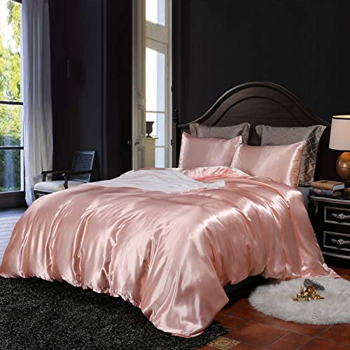 Erosebridal Hotel Pink Duvet Cover Queen Silk Like Satin Bedding Set Summer Reversible Quilt Comforter Cover Honeymoon Sexy Luxury Soft Lightweight Brushed Bedspreads for Farmhouse Room Decor Erosebridal