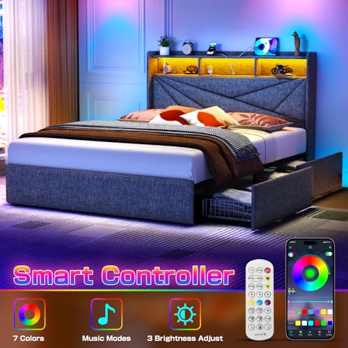 Driftalia King Size Bed Frame with 4 Storage Drawers, Upholstered King Bed Frame with Charging Station and LED Lights Headboard, No Box Spring Needed, Easy Assembly - Dark Grey Driftalia