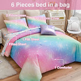 A Nice Night 6Pcs Gradient Glitter Bedding Set for Girls, Colorful Rainbow Galaxy Comforter Set, Ultra Soft Bedding Sets (Pink,Queen 6Pcs) A Nice Night