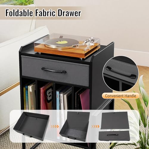 LOKO Record Player Stand, Turntable Stand with Drawer & Record Holder, Vinyl Display Shelf with Metal Frame, Record Storage Table for Living Room, Bedroom, Music Room (Black & Grey) LOKO