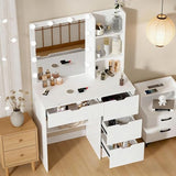 onesaimei Makeup Vanity Desk with Mirror and LED Lights, Vanity Desk with Drawers and Multiple Shelvers, Dressing Table with with Lighted Mirror for Bedroom, White onesaimei