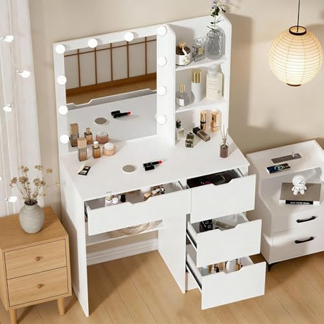 onesaimei Makeup Vanity Desk with Mirror and LED Lights, Vanity Desk with Drawers and Multiple Shelvers, Dressing Table with with Lighted Mirror for Bedroom, White onesaimei