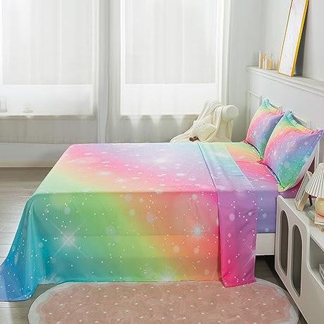 ADASMILE A & S Rainbow Fitted Bed Sheet for Kids 4 Pieces Rainbow Sheets Queen for Girls Pink Glitter Tie Dye Pastel Bed Set (1 Flat Sheet + 1 Deep Pocket Fitted Sheet and 2 Pillowcases) Bedroom Decor ADASMILE A & S