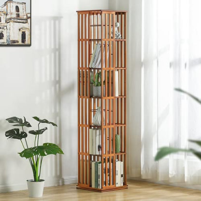 MoNiBloom 360° Rotating Tall Bamboo Bookshelf - 6-Tier Corner Storage Organizer for Home and Office, Brown - WoodArtSupply