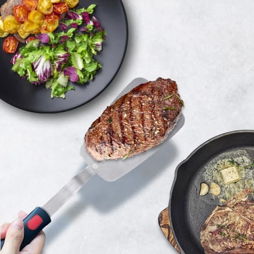 Stainless Steel Flexible Spatula Solid Turner, XiaoZu Thin Metal Spatula for Cast Iron Skillet, Thin Blade and Heat Resistant Silicone Handle, Great for Egg, Cookie, Meat, Crep, Large XiaoZu