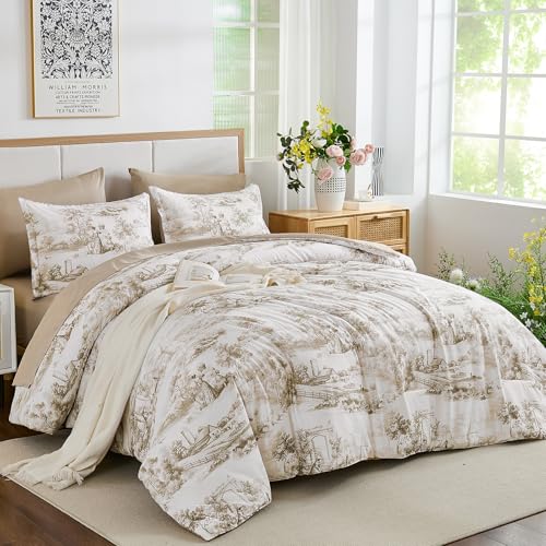 WONGS BEDDING Brown Comforter Set King Size, 7 Pieces Botanical Comforters with Sheets, Soft Microfiber Farmhouse Floral Complete Bedding Set for All Season WONGS BEDDING