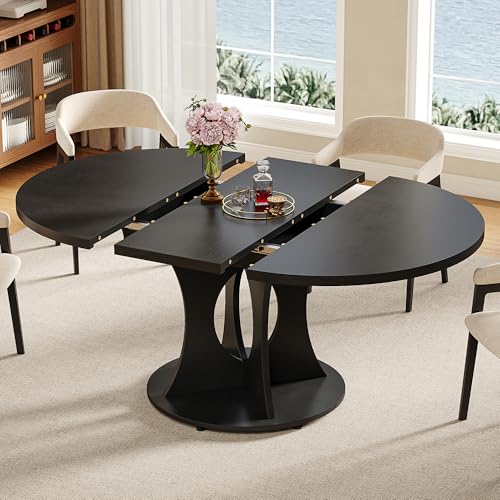 iPormis 43.3-59 Inch Extendable Round Dining Table for 6-8 People, Oval Dinner Table with Adjustable Top and A Stable Round Pedestal Base, Space Saving Wooden Kitchen and Dining Table, Black iPormis