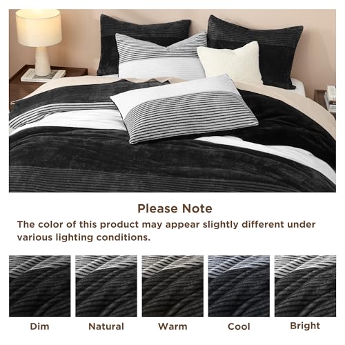 Litanika Fluffy Fleece Queen Comforter Set, Luxury Soft Plush Fuzzy Black & White Stripe Bedding Comforter Sets, Warm Shaggy Faux Fur Bed Set All Season (1 Comforter, 2 Pillowcases) Litanika