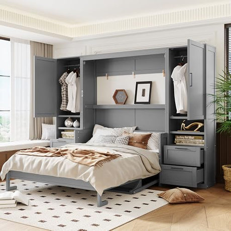 Merax Queen Size Murphy Bed with Desk, Space-Saving Wall Bed Frame with Closet, Drawers and Shelves, Foldable Platform Bed for Small Spaces Studio Study Office Guest Room, Gray Merax