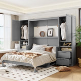 Merax Queen Size Murphy Bed with Desk, Closet, Drawers and Shelves, Fold into The Wall, Space-Saving Foldable Wood Platform Bed Frame for Small Spaces Studio Study Office Guest Room, Gray Merax