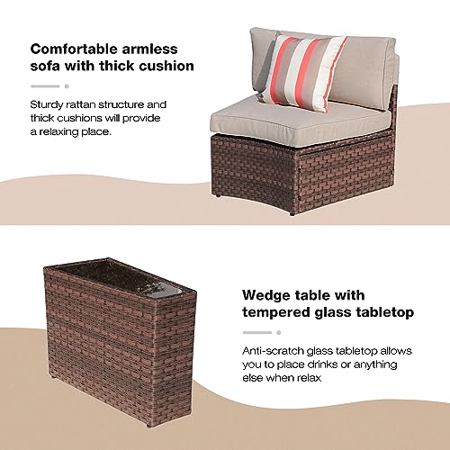 SUNSITT Outdoor Patio Furniture Set 13-Piece Round Sectional Sofa Curved Wicker Sofa with 4 Side Table and Pillows, Brown Rattan & Beige Cushion SUNSITT