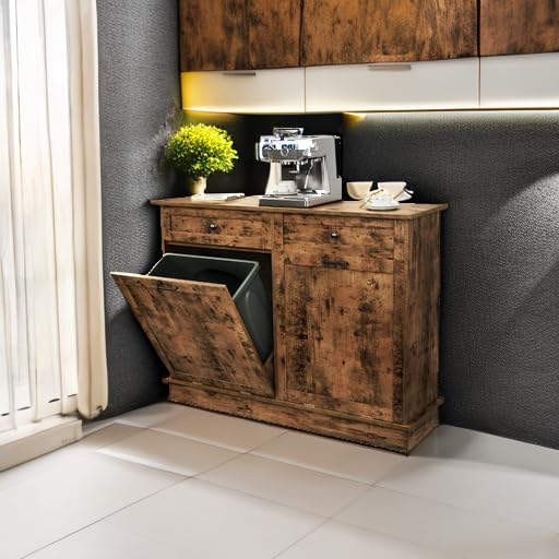TC-HOMENY Tilt Out Trash Cabinet with Drawer, Free Standing Trash Can Cabinets, Manual and Auto Mode Shutdown Cabinet Door, Recycling Can Cabinet Home, Kitchen, Living Room TC-HOMENY