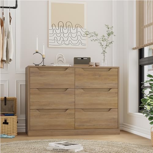 HOSTACK Modern 6 Drawer Dresser for Bedroom, Double Chest of Drawers with Storage, Large Wooden Storage Dresser Organizer with Cut-Out Handle, Accent Storage Cabinet for Living Room, Rustic Brown HOSTACK