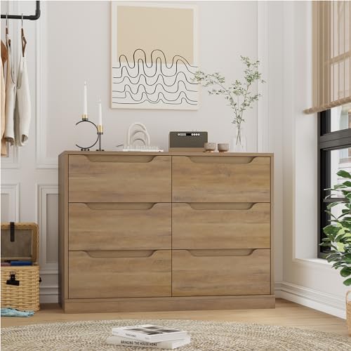 HOSTACK Modern 6 Drawer Dresser for Bedroom, Double Chest of Drawers with Storage, Large Wooden Storage Dresser Organizer with Cut-Out Handle, Accent Storage Cabinet for Living Room, Rustic B - WoodArtSupply