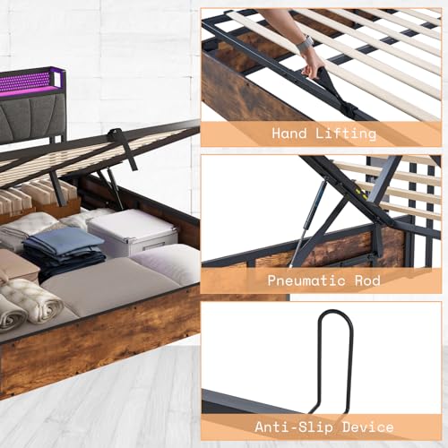 AMERLIFE King Size Lift Up Bed Frame with Linen Upholstered & LED Light & Storage Headboard, Platform Bed Frame with Charging Station, No Box Spring Needed, Noisy Free, Rustic Brown AMERLIFE