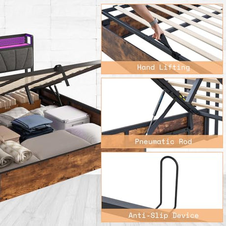 AMERLIFE King Size Lift Up Bed Frame with Linen Upholstered & LED Light & Storage Headboard, Platform Bed Frame with Charging Station, No Box Spring Needed, Noisy Free, Rustic Brown AMERLIFE