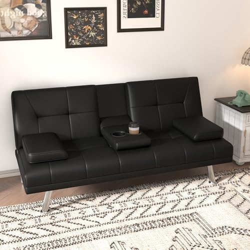 Anwick Convertible Folding Futon Sofa Bed,Modern PU Leather Sleeper Love Seat with 3 Reclining Backrest & Cup Holders,67" Comfy Sofa Couches for Living Room Small Home Office (Black) Anwick