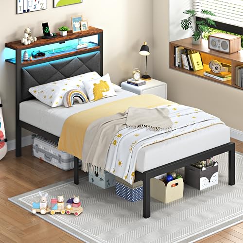 ChicZhiNest Twin Size Bed Frame with 2 Tier Upholstered Storage Headboard and Under Bed Storage,Platform Bedframe with LED Lights and Charging Station, No Box Spring Needed,Easy Assembly,Grey ChicZhiNest