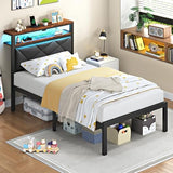 ChicZhiNest Twin Size Bed Frame with 2 Tier Upholstered Storage Headboard and Under Bed Storage,Platform Bedframe with LED Lights and Charging Station, No Box Spring Needed,Easy Assembly,Grey ChicZhiNest