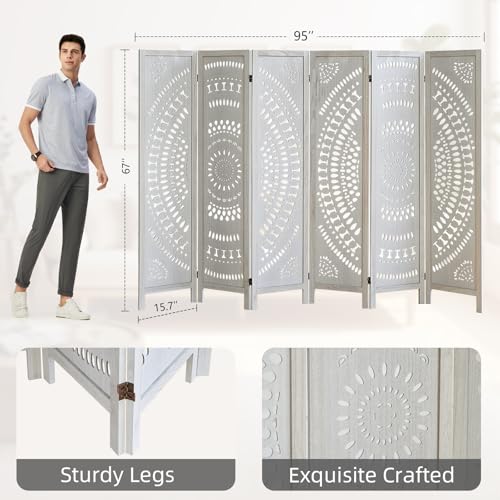 Asnefeli 6 Panel Room Divider, Wood Carved Room Divider and Privacy Screen, Folding Room Partition Screen for Room Separation Home Bedroom Office Restaurant Portable Freestanding (Retro White) Asnefeli