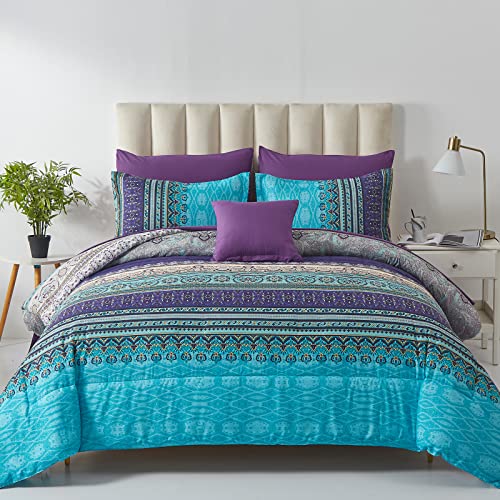 Cottolester Boho Comforter Set Full Size 8 Piece Bed in a Bag Bohemian Striped Bedding Quilt Set Aqua Paisley Floral Comforter and Sheet Set,Soft Microfiber Complete Bedding Sets for All Season Cottolester