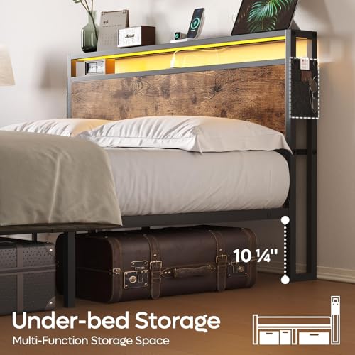 Bestier Queen Size LED Platform Bed Frame with Headboard, Storage, and Charging Station - WoodArtSupply