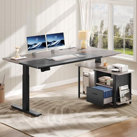 YITAHOME L Shaped Standing Desk with Power Outlets, 70.1" Electric Standing Desk Adjustable Height Sit Stand Corner Standing Desks Executive Desk with Drawers & Shelves, Grey + Black YITAHOME