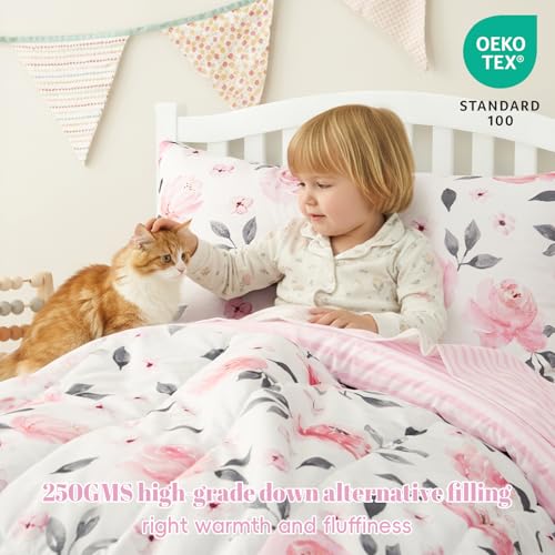 PHF 4 Piece Toddler Bedding Set, Ultra Soft Toddler Comforter Sets Include Comforter, Fitted Sheet, Flat Top Sheet and Pillowcase for Girls, Floral Bed in A Bag for Baby Bedroom, Floral PHF