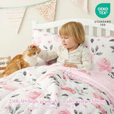 PHF 4 Piece Toddler Bedding Set, Ultra Soft Toddler Comforter Sets Include Comforter, Fitted Sheet, Flat Top Sheet and Pillowcase for Girls, Floral Bed in A Bag for Baby Bedroom, Floral PHF