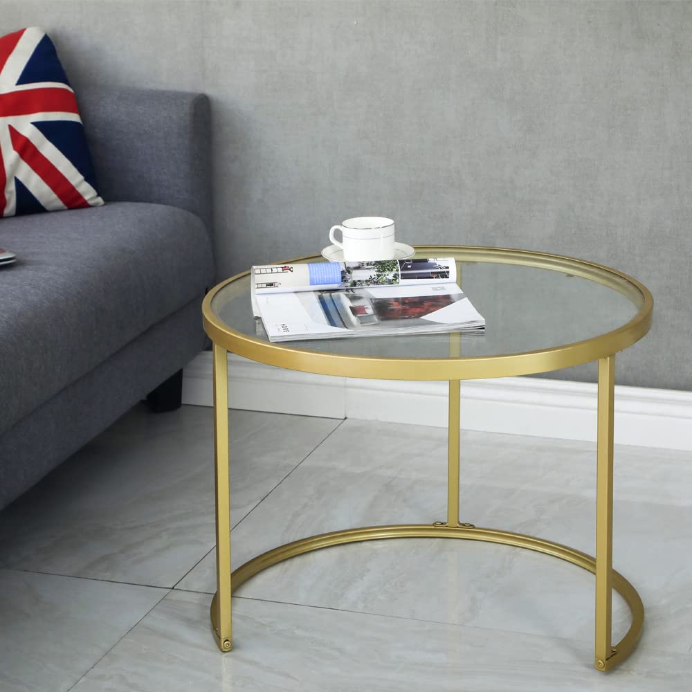 HEONITURE Gold Nesting Coffee Table Set of 2, Small Glass Nesting Tables for Living Room Bedroom, Accent Tea Table with Metal Frame HEONITURE