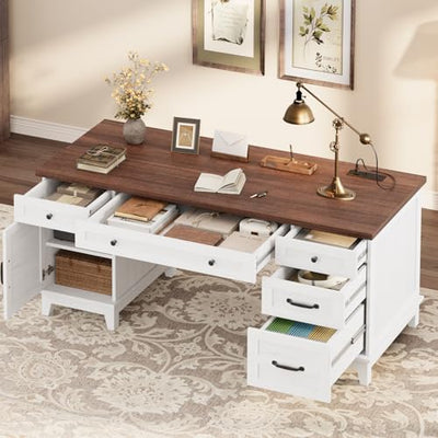 GarveeHome Executive Desk with File Drawers, Farmhouse Home Office Desk with Charging Station, 60 in Wooden Computer Desk with Cabinet Storage for Work Study Writing, White Walunt