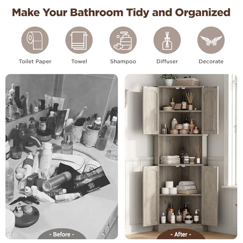 Maupvit Tall Corner Cabinet, Farmhouse Corner Storage Cabinet with 4 Barn Doors and Adjustable Shelves, Storage Pantry Cabinet for Kitchen, Living Room, Laundry Room, Grey Maupvit