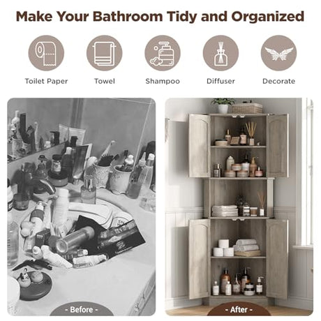 Maupvit Tall Corner Cabinet, Farmhouse Corner Storage Cabinet with 4 Barn Doors and Adjustable Shelves, Storage Pantry Cabinet for Kitchen, Living Room, Laundry Room, Grey Maupvit