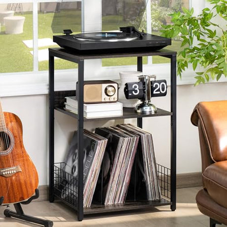 LELELINKY 3 Tier Farmhouse Drak Gray End Table, Large 18" Wide Record Player Tables with Vinyl Storage Shelf, Industrial Turntable Printer Stands, Modern Side Tables for Living Room, Bedroom, Office LELELINKY