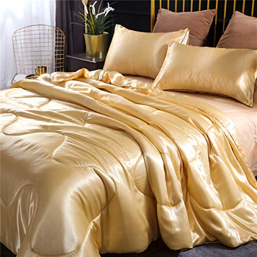 NTBED Sexy Silky Satin Comforter Sets Queen Golden Lightweight Soft Luxury Quilt 3-Pieces Microfiber Bedding Set Yellow (Gold, Queen) NTBED