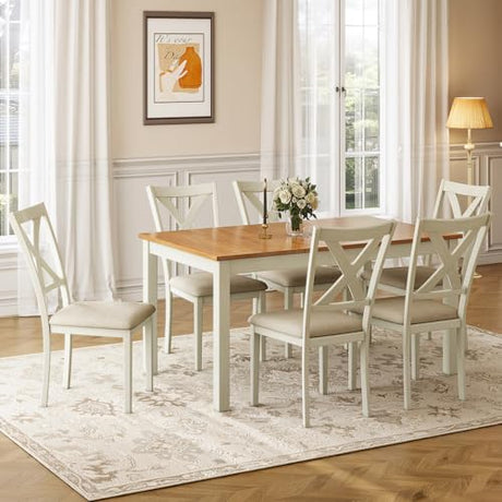 YUMPIE 7-Piece Farmhouse Dining Table Set for 6 People, 60" Wood Dining Kitchen Table & Chairs Set, Kitchen Table with 6 Upholstered Chairs, Perfect for Restaurant, Brown & White YUMPIE