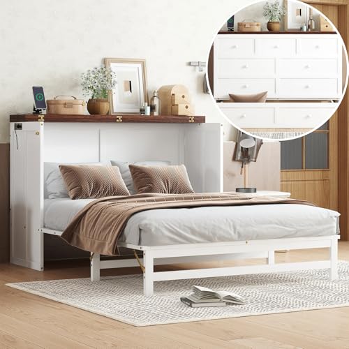 Enoioyonay Full Size Murphy Cabinet Bed with Storage Drawers, Wood Murphy Cabinet Bed with Charging Station, USB Port, Save Space, No Box Spring Needed, for Guest Bedroom, Living Room, White-Walnut Enoioyonay
