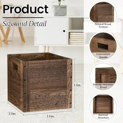 Y&ME YM Wood Storage Bins, Rustic Brown Decorative Wood Storage Box Wood Crates Container Cube Basket Bins Organizer for Home,Office,Closet,Shelf, 11” x 11” x 11”