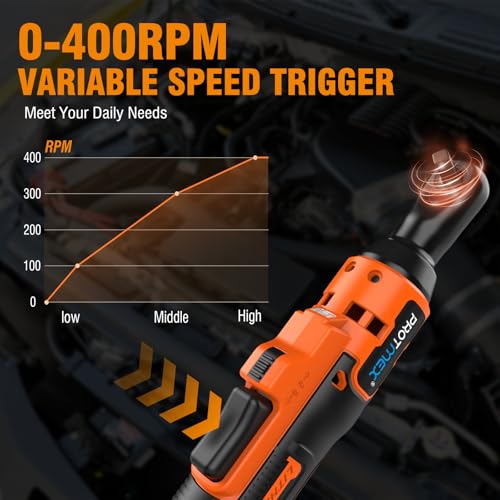 Protmex 3/8'' Cordless Ratchet Wrench, 60FT-LBS (80N.m) Electric Ratchet with 21V 2 X 2.0Ah Battery, 400 RPM Chargeable Power Ratchet Driver Set with 8 Sockets,1/4 Adaptor, 3" Extension Bar Protmex