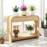 affeivul Curved Console Table Arch with Storage, Narrow Entryway Table with Drawers, 43.3'' Couch Table Behind Sofa Long and Skinny for Living Room TV, Hallway Entrance Foyer, Mid Century Boho Rattan affeivul